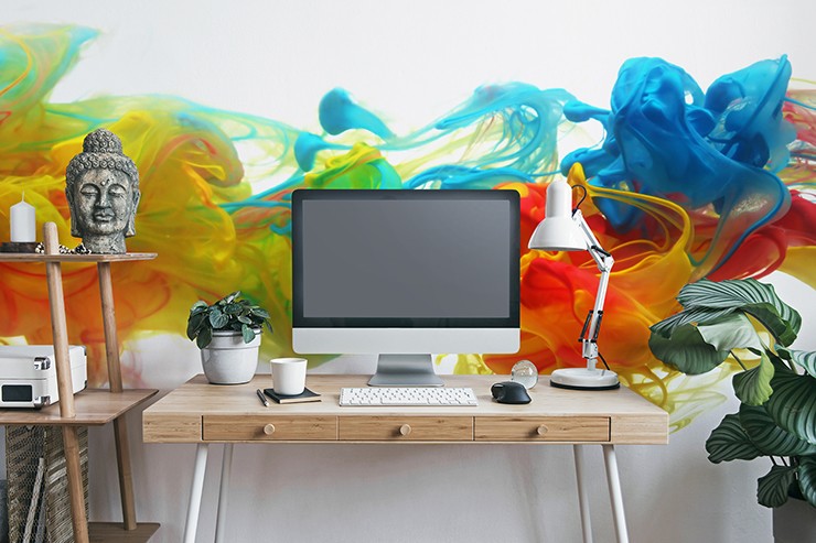 multicoloured flouting inks wallpaper in modern home office