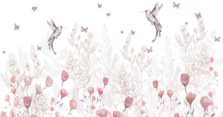 humming bird and pink flowers delicately illustrated wallpaper