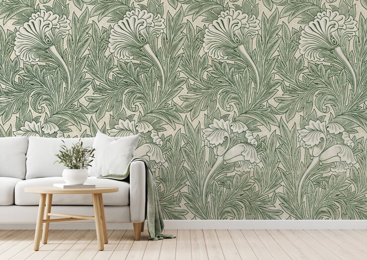 off-white and green floral wallpaper in grey and green lounge