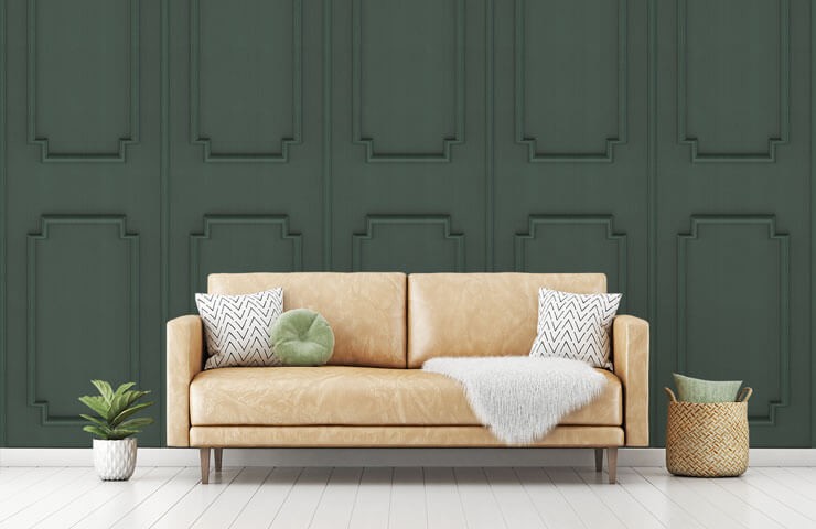 Dark green panel effect wallpaper for living room trends for 2022