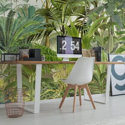 tropical landscape wallpaper in living room