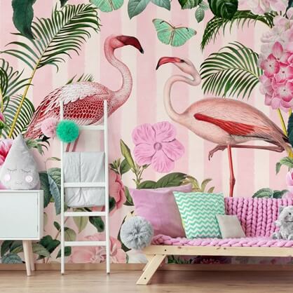 pink flamingo wallpaper in girls bedroom