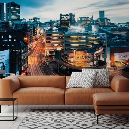 Cityscape wallpaper in living room
