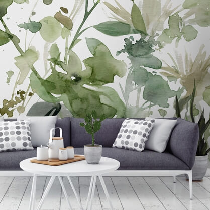 green botanical wallpaper in living room