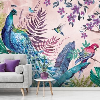 peacock botanical wallpaper in living room