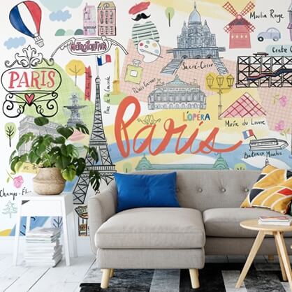 colourful illustrated map of paris wallpaper in home office