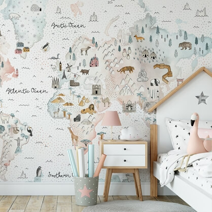pastel toned kids map wallpaper in pastel pink bedroom