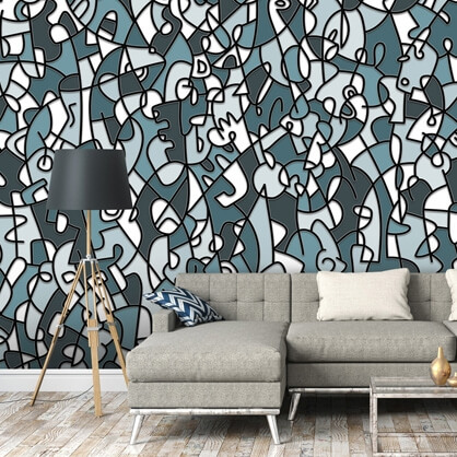 blue abstract wallpaper in grey living room