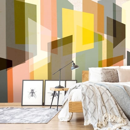 colourful abstract mural in bedroom