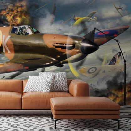 airplane mural in living room