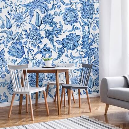 blue chinoiserie wallpaper by Tashi Tsering