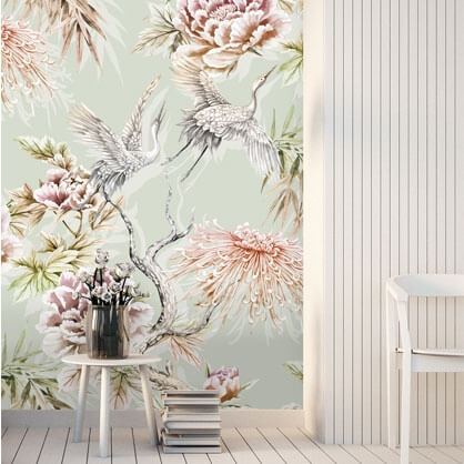 pastel floral chinoiserie birds wallpaper with birds by Tashi Tsering