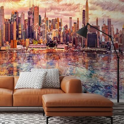 cityscape mural in living room