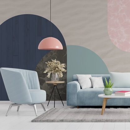 pastel blue and pink abstract wallpaper in blue living room