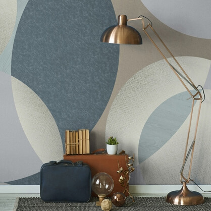 blue geometric wallpaper in living room