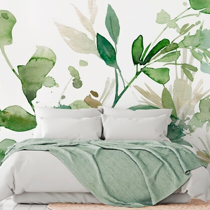 papel pintado floral verde en el dormitorio